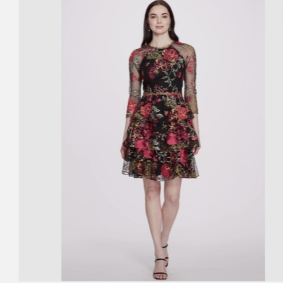 Marchesa Notte Tiered Ruffle Floral Embroidered Lace 3/4 Sleeve Cocktail Dress 4 - Picture 1 of 8